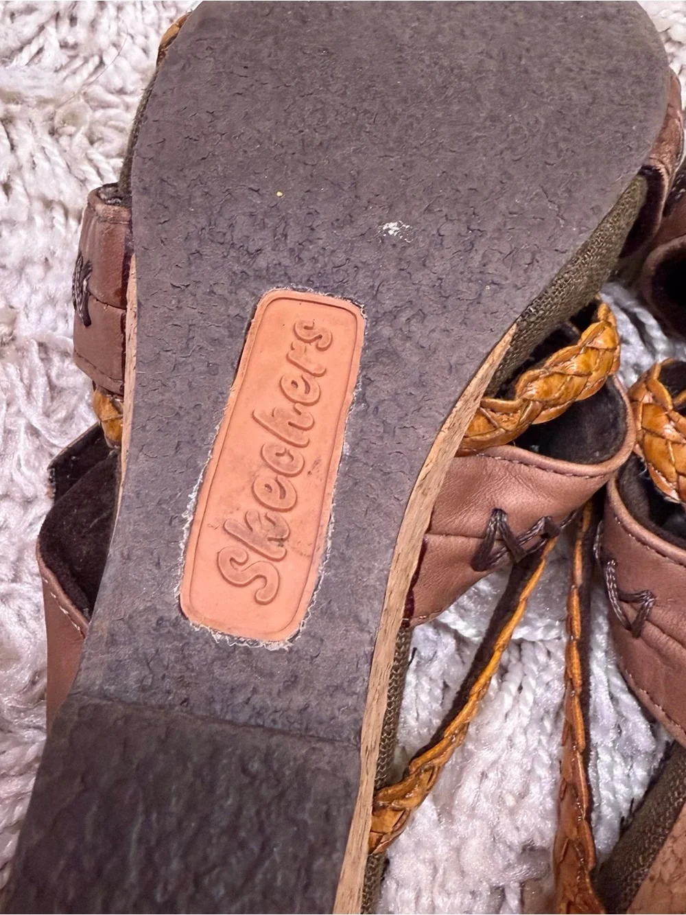 Skechers Modiste Electric Bond Brown Leather Cork Wedge Sandals Size 5